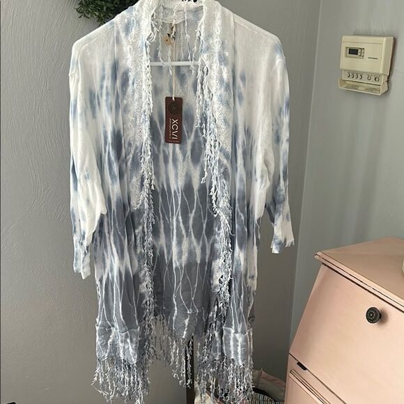 XCVI Blue and White Cardigan with Fringe Detail - Picture 1 of 8